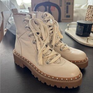 Steve Madden Cream Lace-Up Pearl-Trim Lug Booties